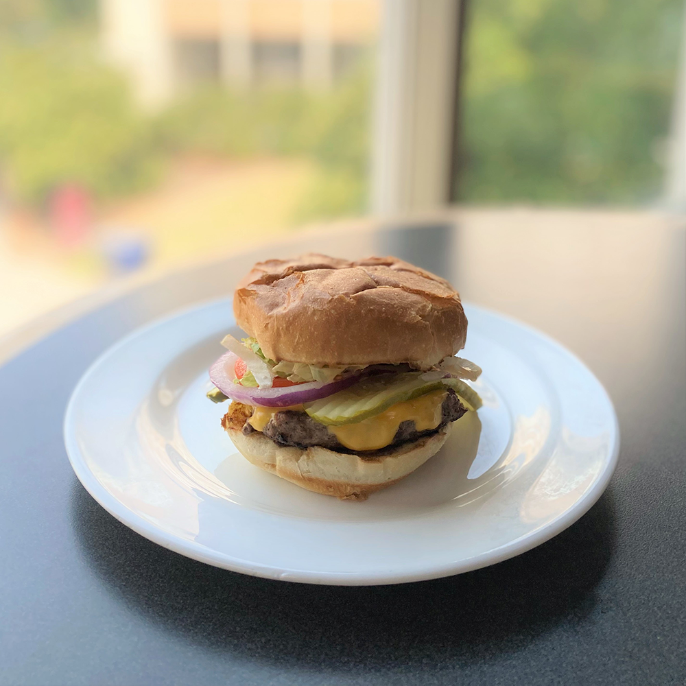 A burger on a plate. 