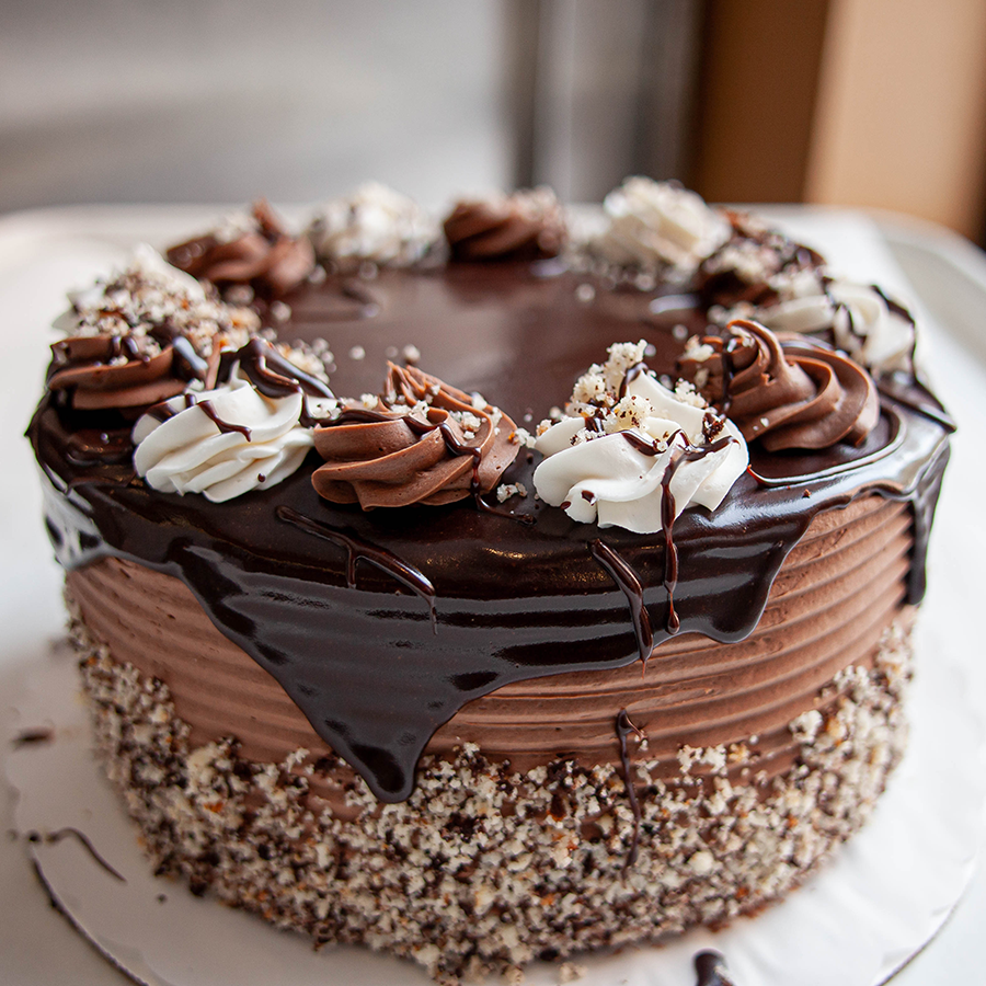 A round chocolate cake. 